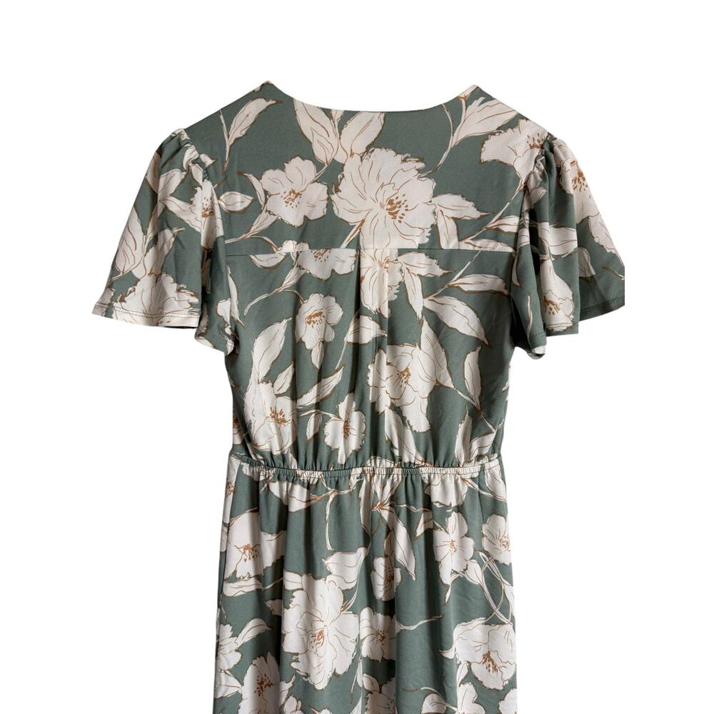 Monteau Sage Green White Floral Print Button VNeck Short Sleeve Midi Dress Small - Picture 5 of 8